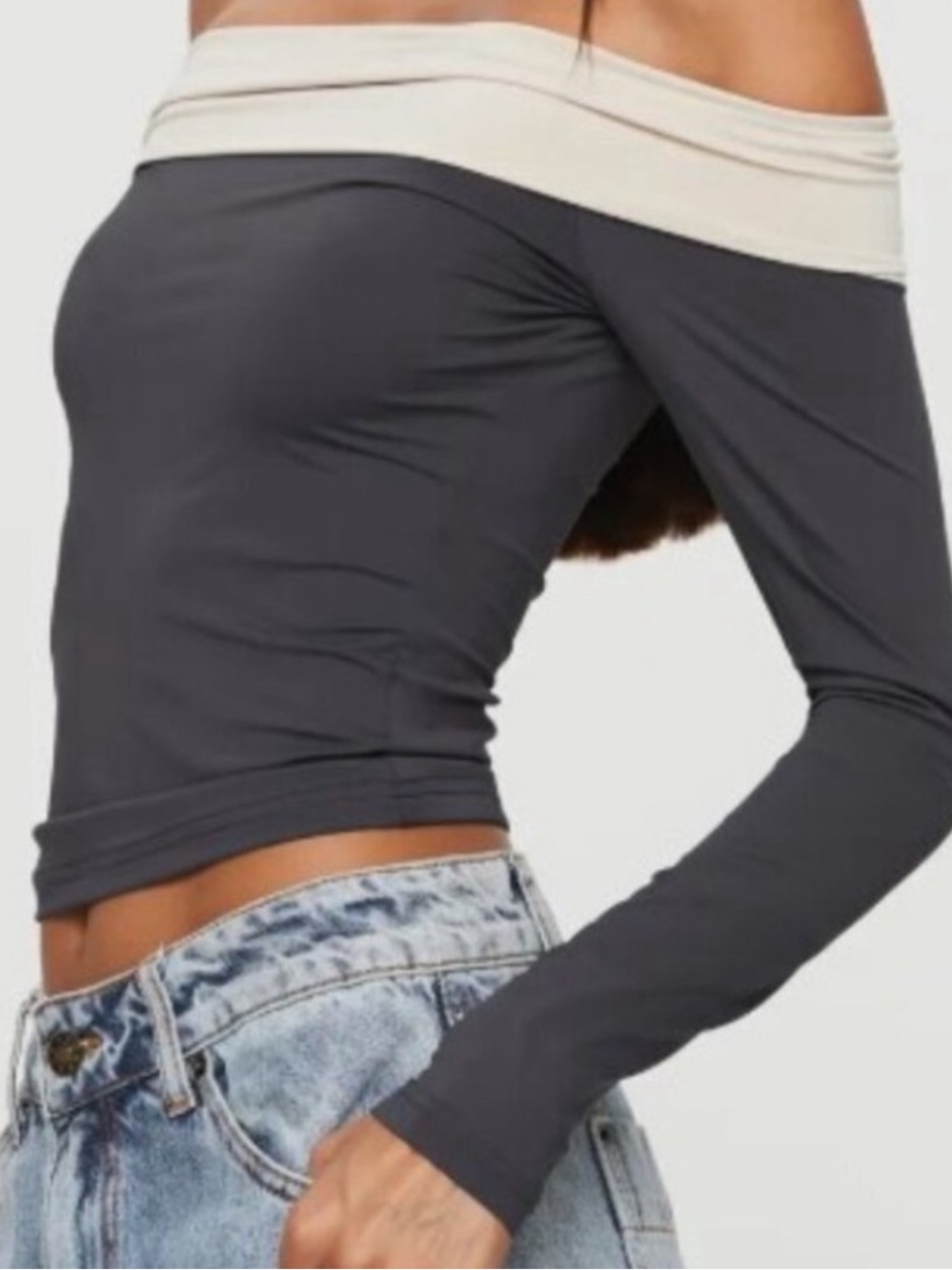 Princess Polly Off-Shoulder Long Sleeve Top- Charcoal & Cream